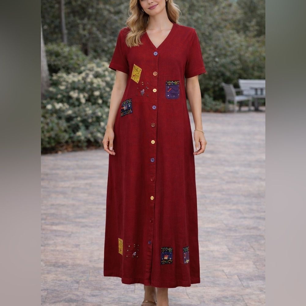 Country Wear Casuals By Lonnie G Star Vintage Red Midi Short Sleeve Dress Sz MP